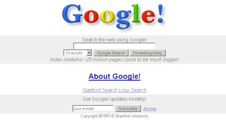 Primeira versão do Google lançada em 1997. Reprodução/Wayback Machine