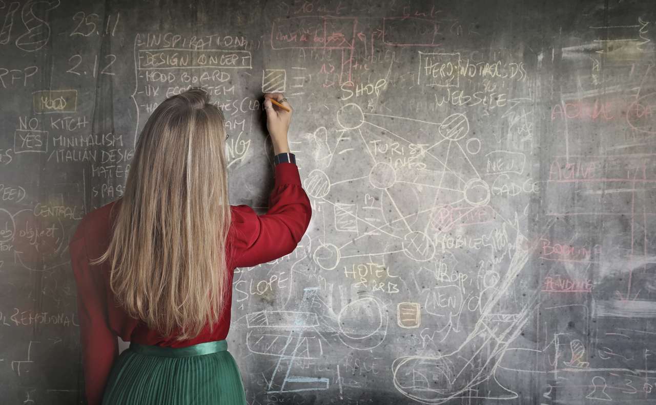 participação feminina na ciência - mulher escrevendo fórmulas e cálculos no quatro negro